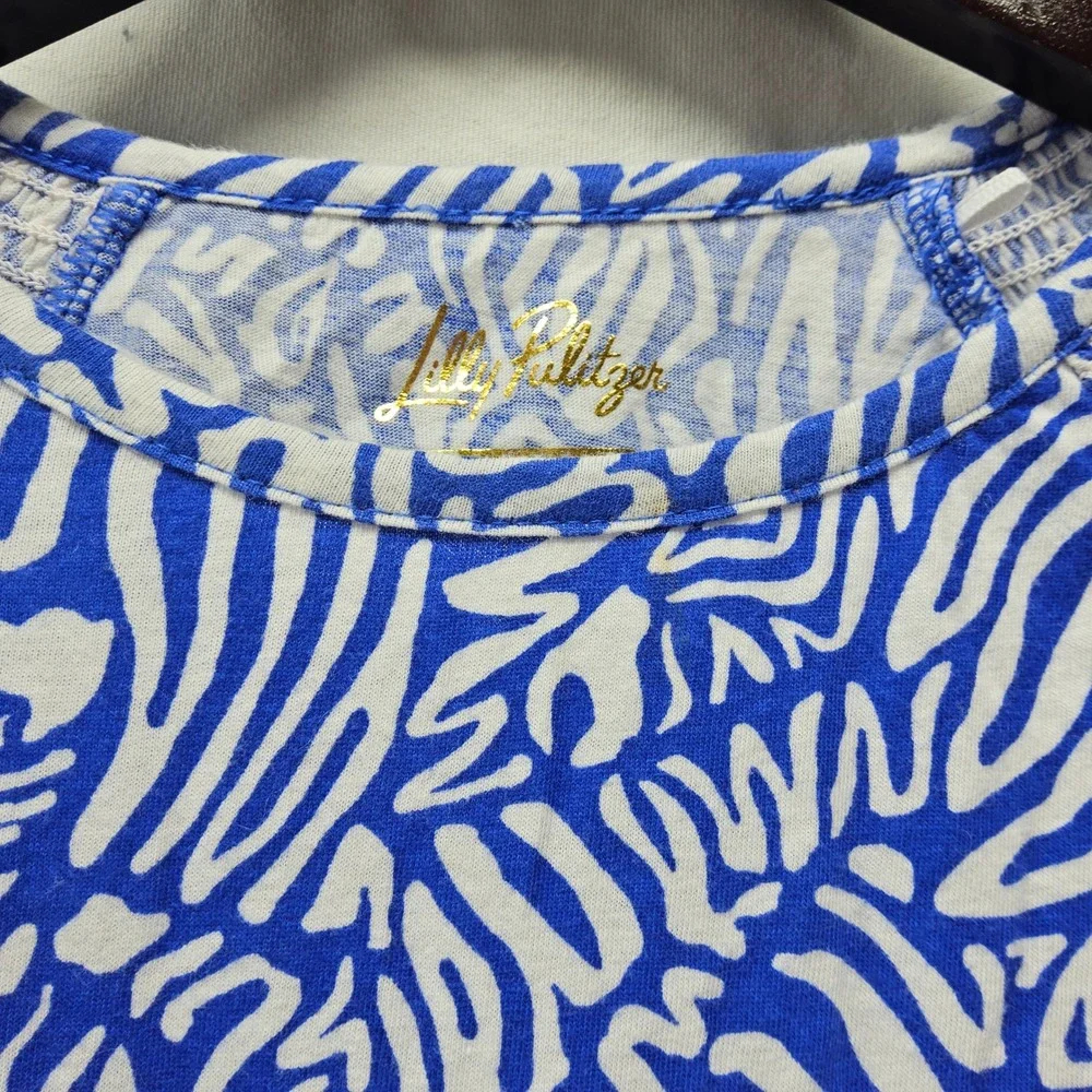 Lilly Pulitzer Top Kids XL 12-14 Blue White Abstract Zebra‎ Off Shoulder Cotton